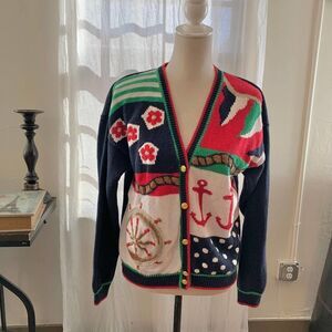 Vintage KIM ROGERS yacht capitan sweater cardigan ramie cotton sz s womens